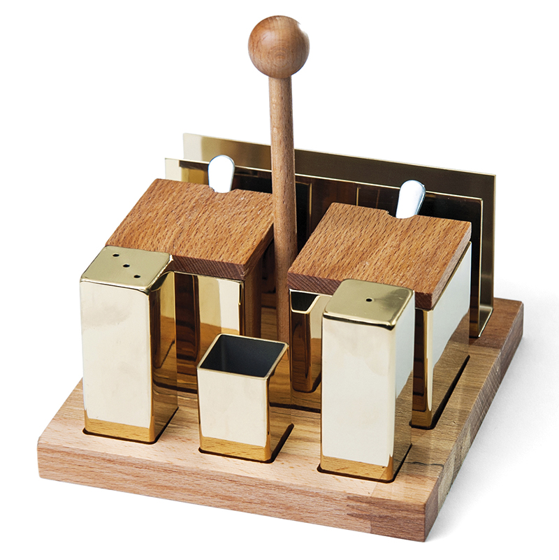 Набор для специй с соусниками- цилиндры на дереве, 6 предметов, золото